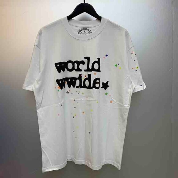 Men's Sp5der Letter Print Round Neck White Short Sleeves - Picture 1 of 6